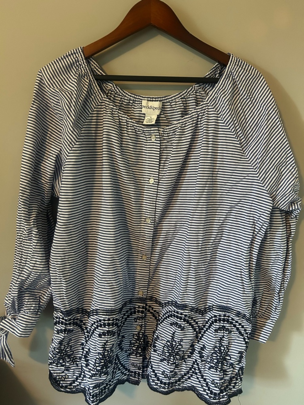 100% Cotton Peck & Peck Navy Stripe Peasant Top with Embroidered Hem